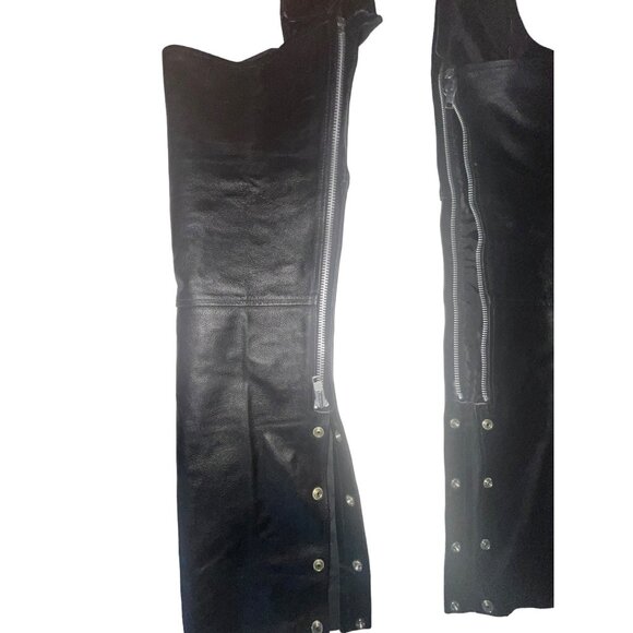Adult S Black Leather Motorcycle Riding Chaps Adjustable Belt Snap Closure 30-34 - Picture 6 of 14